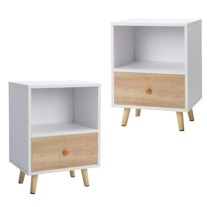 2 placards de chevet avec 1 tiroir et pieds courts, table de bout avec tablette de rangement, intérieur, blanc