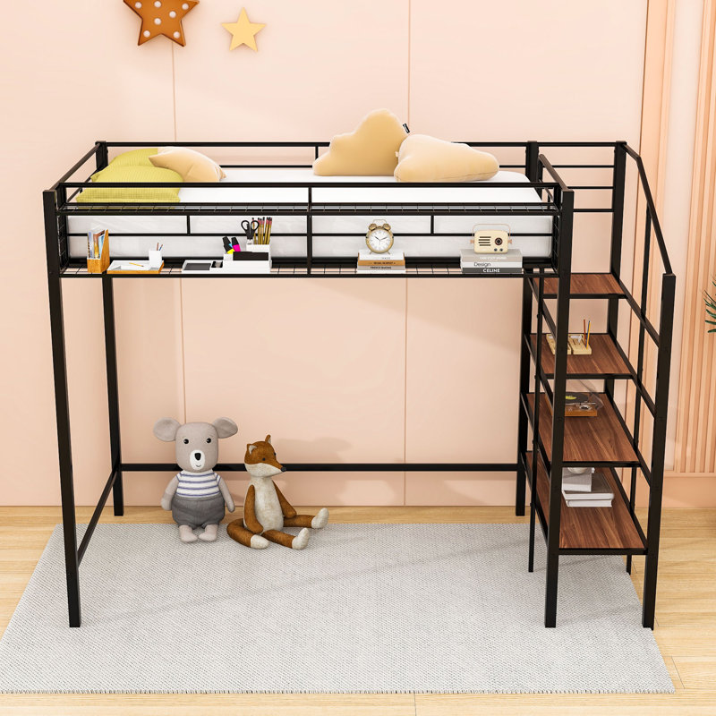 Twin Metal Loft Bed With Storage Stairs, Grid Shelf And Guardrails, Black