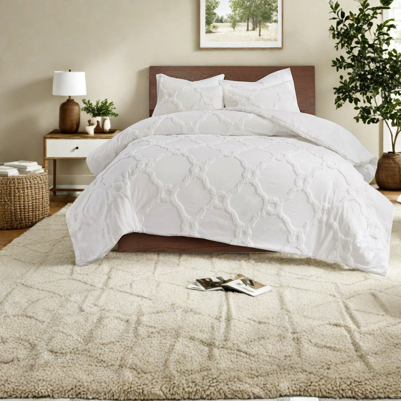 Ensembles de literie touffetés en coton de qualité supérieure, conception géométrique blanc cassé pour les chambres modernes