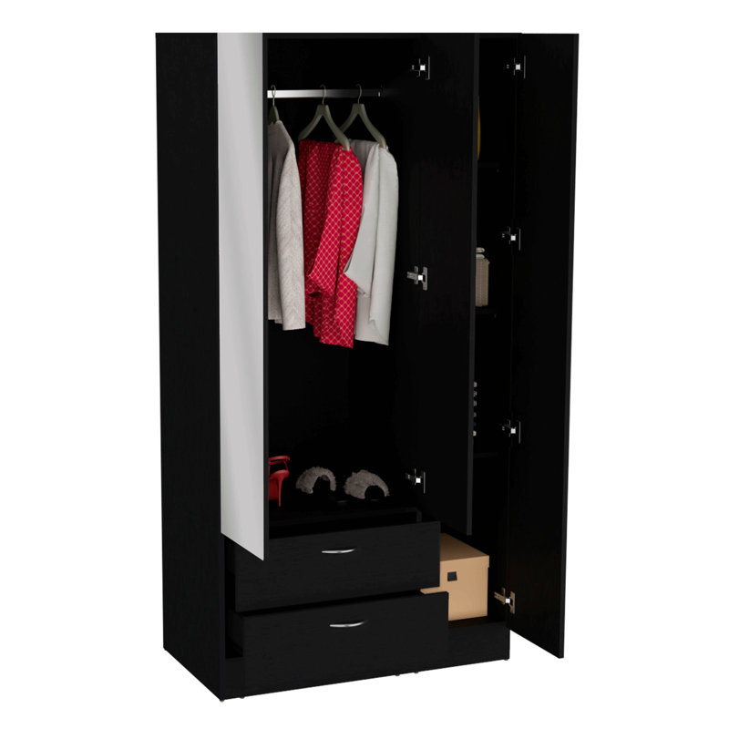 Armoire à miroir 3 portes avec deux tiroirs, quatre tablettes et une tringle de suspension noire, Noir