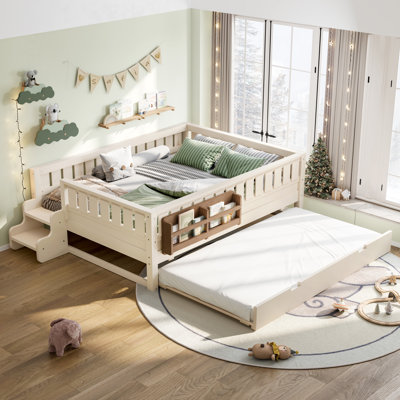 Full Size Loft Platform Bed With Built-in Bookshelves, Stairs & Safety Rails, Includes Trundle Bed, Space-saving Kids Bed,  Easy Assembly, Beige