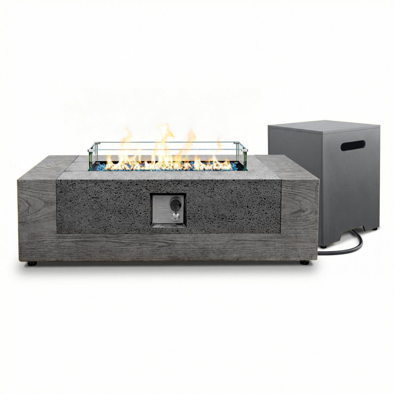 50-inch Rectangle Concrete Propane Fire Pit Table with Tank Cover and Wind Guard,Concrete & Wood Textured Design, Gray