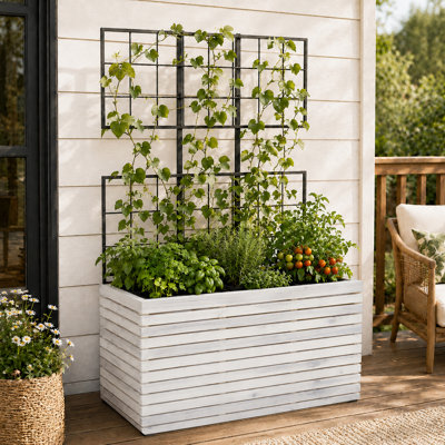 Grande boîte à fleurs moderne en bois d'acacia blanc avec treillis 32,28 po Modern