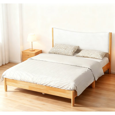 Queen Size, Solid Rubber Wooden Bed With Boucle Upholstered Headboard, Enhanced By Support Feet,beech White
