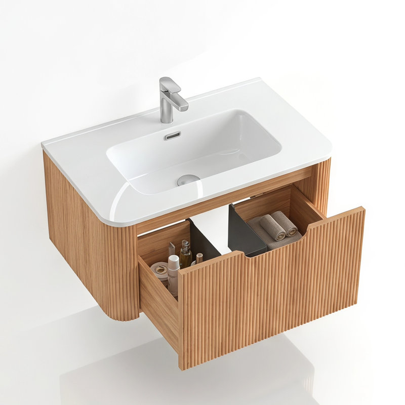 Ensemble de meuble-lavabo simple flottant 30 po avec tiroir en céramique blanc à finition en bois naturel