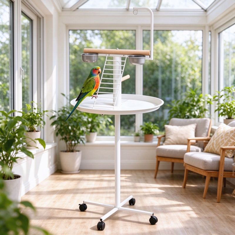 Station d'alimentation pour oiseaux avec roulettes, support de jeu portatif, bols et plateau en acier inoxydable pour l'intérieur et l'extérieur.