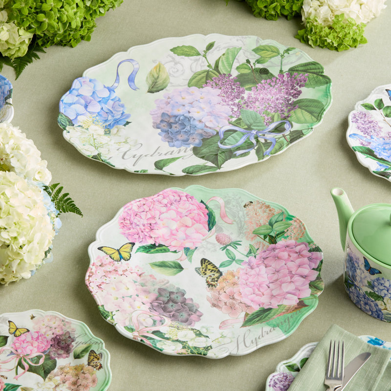 Ensemble de plateaux en mélamine 2 pièces Garden Path - 14 po rondes et 18 po x 13,5 po ovales en rose, mauve et blanc - sans BPA et lavable au lave-vaisselle