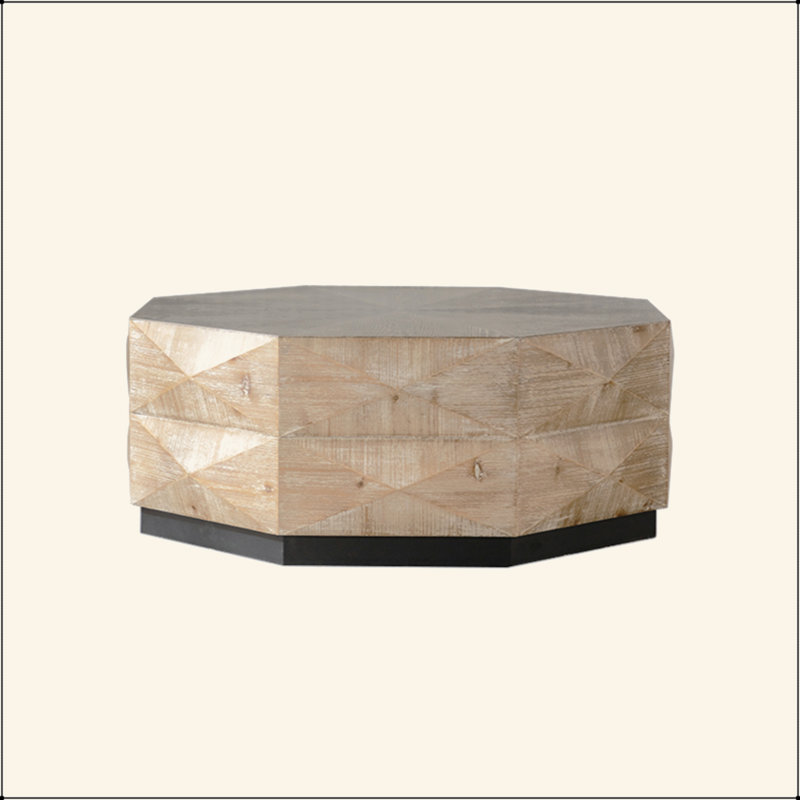 Table basse octogonale, table centrale en bois de style rétro de 38 po avec motif en relief tridimensionnel, grande table basse de centre de table ronde rustique pour le salon