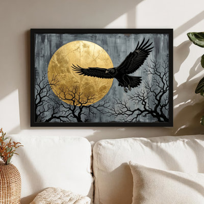 Art mural sur toile noir encadré pour le salon, la chambre à coucher, le bureau ou le vestibule - décoration murale décorative avec corbeau de la lune