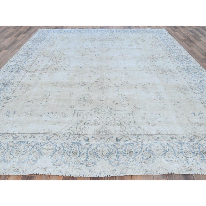 Tapis persan ivoire semi-antique vieilli 9 pi 6 po x 12 pi 6 po Kerman