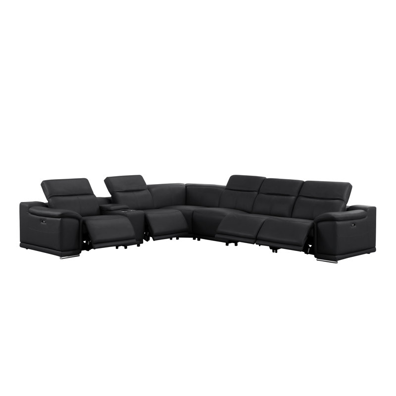 7-Piece L-Shaped Power Reclining Sectional In Genuine Leather – 4 Recliners, Black Top Grain Leather