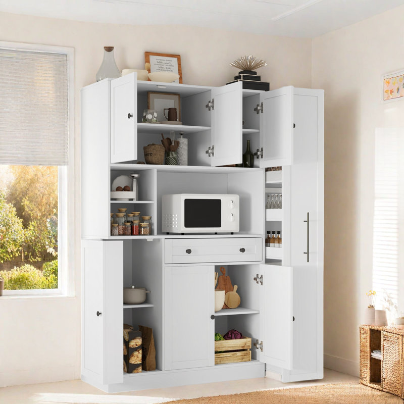 Garde-manger autoportant avec armoire latérale, tablettes de porte et tiroir, Noir, Blanc