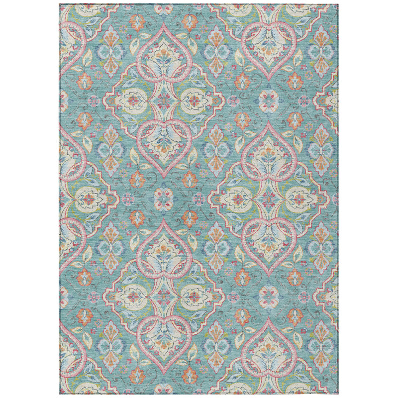 Tapis intérieur / extérieur lavable 8 pi x 10 pi bleu sarcelle rose et orange Ogee
