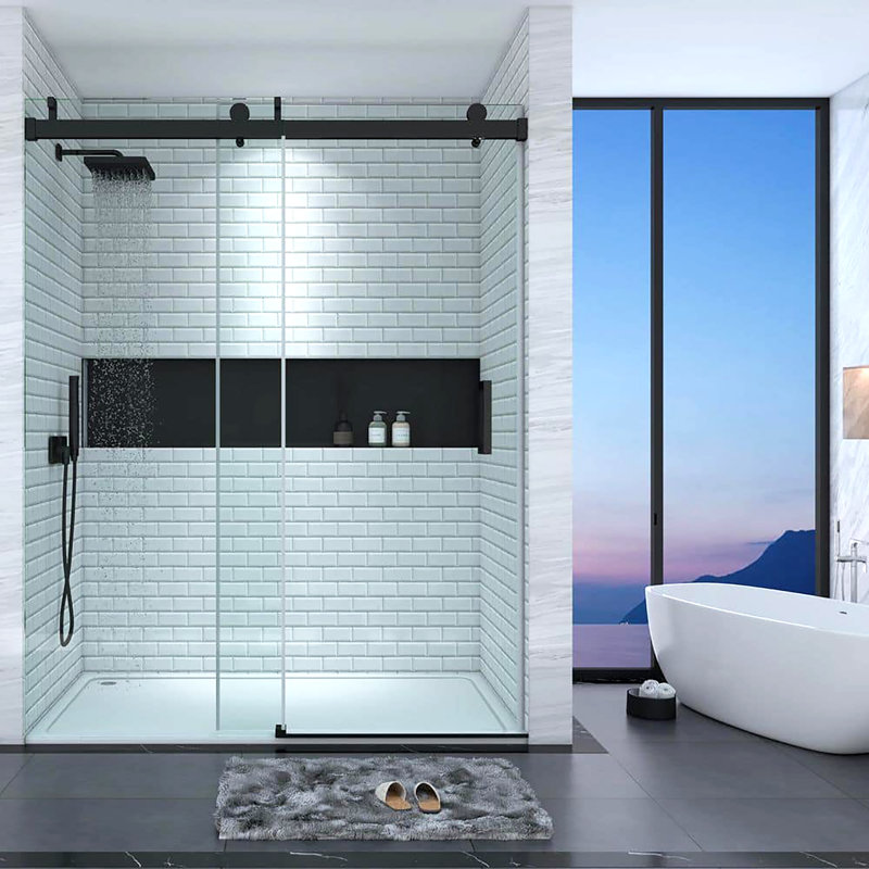 60'' Matte Black Frameless Sliding Shower Door with Clear Glass