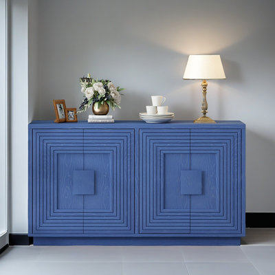 Buffet rétro vieilli à 4 portes avec tablettes réglables et motif géométrique pour la salle à manger, la cuisine et le salon