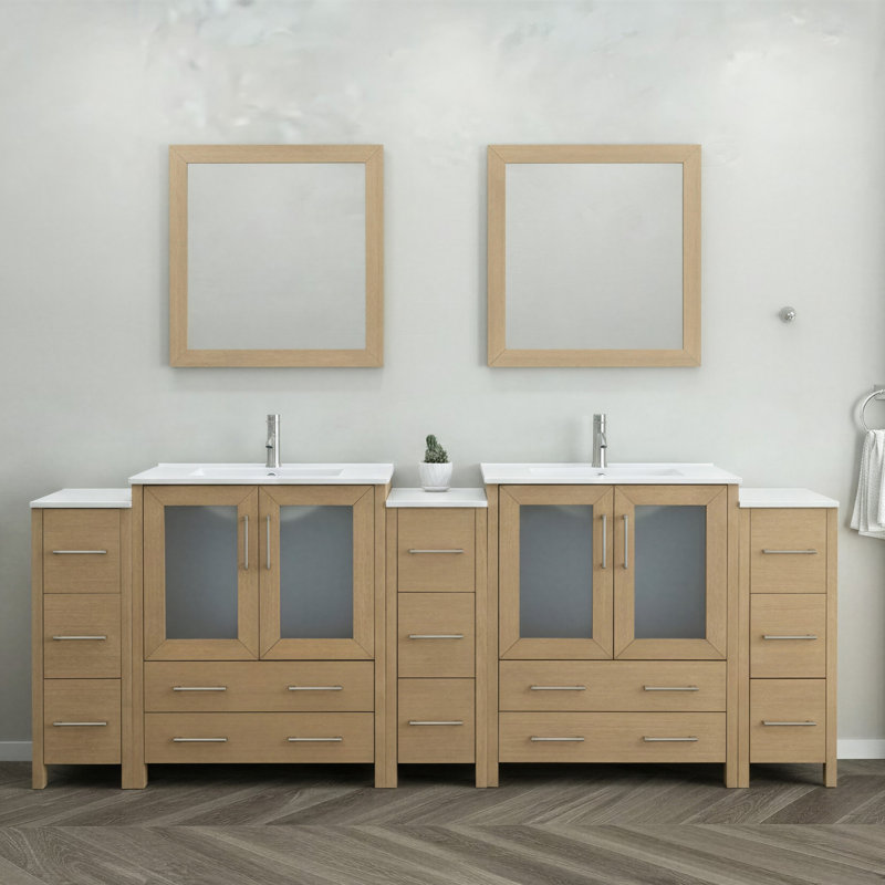  Modern 96" Double Bathroom Vanity Set with Mirror, Natural Oak