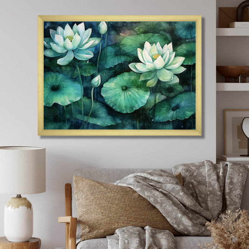 «Green Lotus Pond I», reproduction sur toile, H 16 po x l 32 po x P 1 po, Encadrement doré