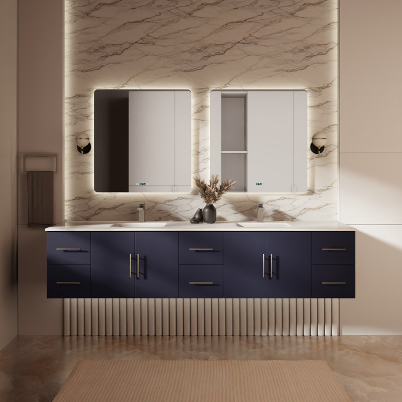 Geneva 84" Wall-Mounted Double Bathroom Vanity Set, Navy Blue, White Quartz