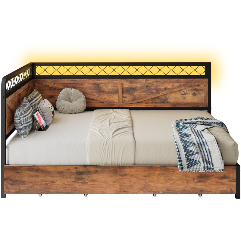 Industrial Corner Daybed With LED Lights & Storage Drawer - Twin Size, 900Lb Capacity, Full, Industrial Brown