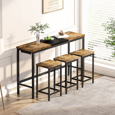 Fashionable Dining Table With 3 Hanging Stools, Color Scheme, And Metal, Ideal For Coffee Meetings Long Comfortable Stool Design, Natural + Black, Easy To Maintain