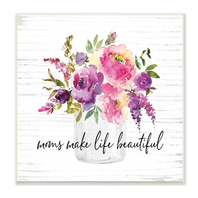 «Mom's Make Life Beautiful Watercolor Flower Bouquet», estampe numérique encadrée noire, art texturé par lettres et lignes