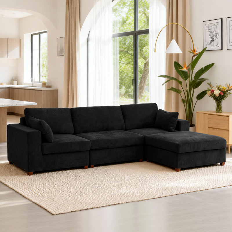Canapé d'angle rembourré avec 1 repose-pieds, Lin noir, H 26 po x l 113,3 po x P 37,8 po