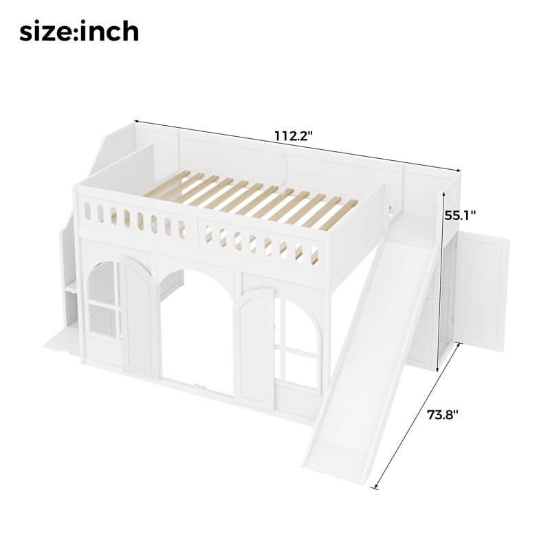 Lit mezzanine en bois pleine grandeur avec glissade, escalier de rangement, garde-robe, fenêtres et portes décoratives, blanc