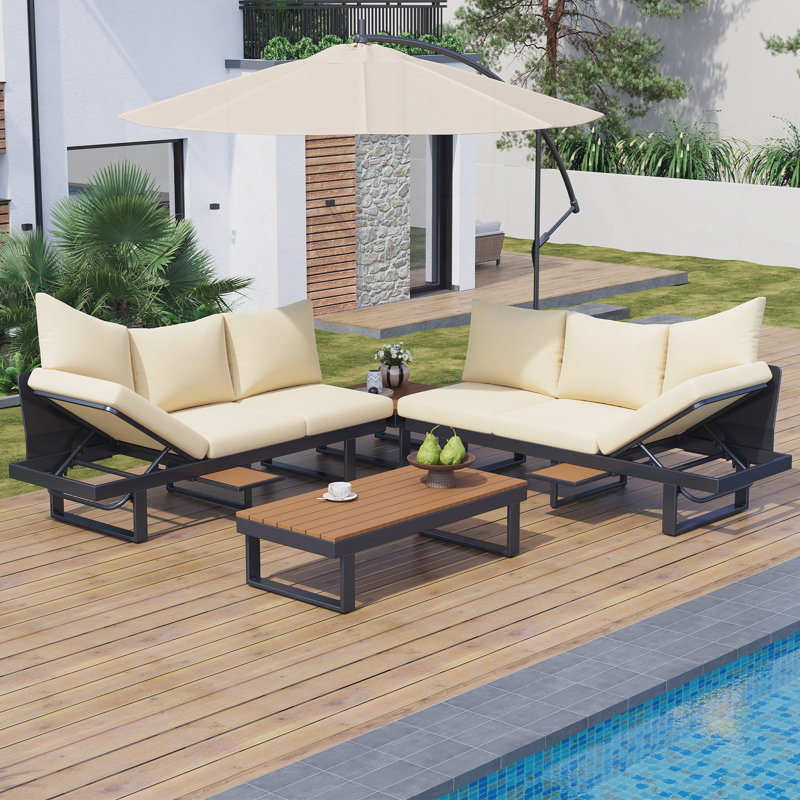 Outdoor Sectional Sofa Set with Adjustable Reclining Seats, Beige