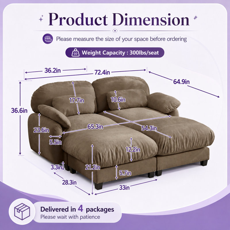 Canapé d'angle Gatton 2 places effet nuage avec 2 poufs amovibles, ensemble de canapés modulaires en chenille, assise profonde surdimensionnée avec coussins en mousse et ressorts, canapé d'angle spacieux pour salon