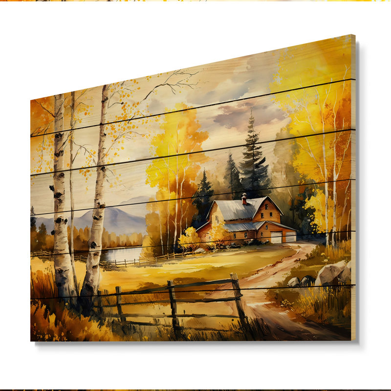 Drapeau de la grange jaune au printemps III - impression sur bois sans cadre, H 16 po x l 32 po x P 1 po