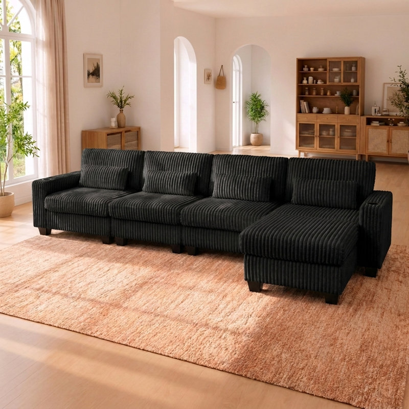 Canapé modulaire modulaire en L avec repose-pieds détachable et 4 coussins lombaires, Noir