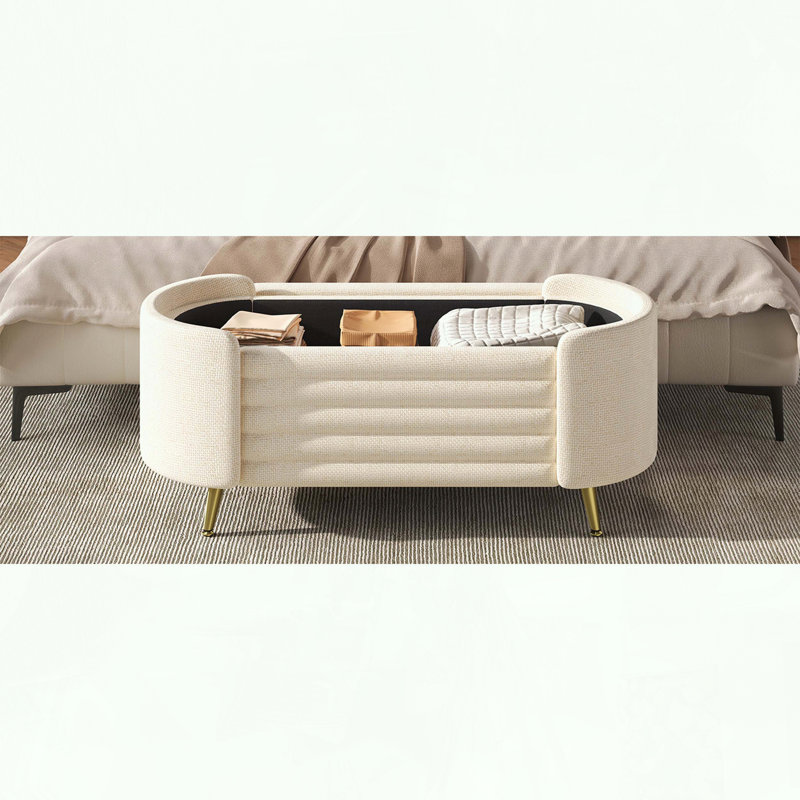 Beige Oval Chenille Storage Bench with Metal Legs, Beige
