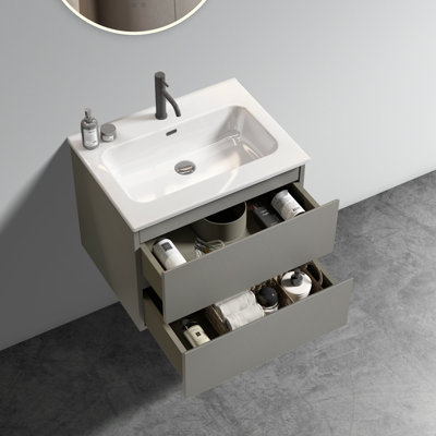 Armoire de meuble-lavabo Space Grey, fixation murale 24 po, lavabo en céramique, style moderne, un trou de robinet, glissières de tiroir silencieuses, rangement spacieux, tiroirs, look