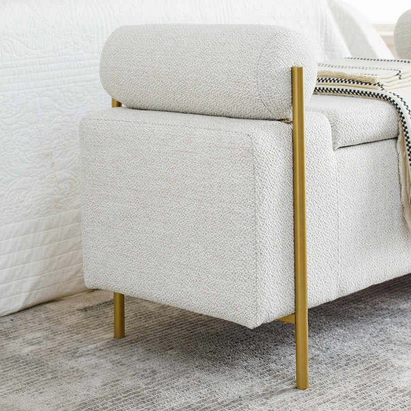Upholstered Storage Bench, White, Solid Wood