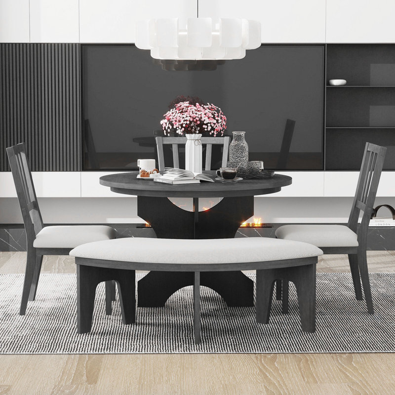 Ensemble de salle à manger 5 pièces avec 3 chaises rembourrées et banc courbé, Gris