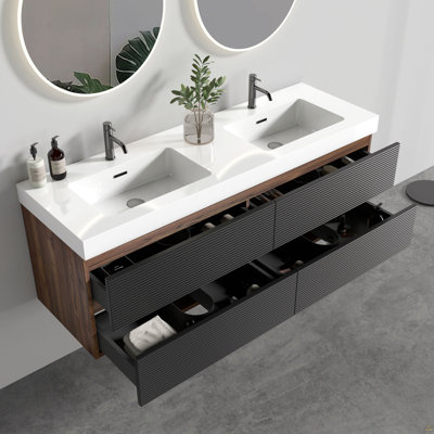 Meuble-lavabo 60 po en noyer avec lavabo à surface solide blanc brillant et tiroirs noirs doux, meuble-lavabo mural flottant, lavabo une pièce blanc brillant, pré-assemblé