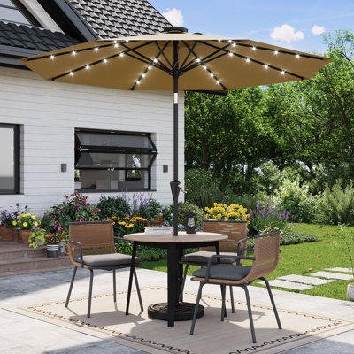 Parasol de table d'extérieur 10 pi avec lumières solaires 8 parasols de table robustes avec manivelle et bouton poussoir inclinable Protection UV Parasol de marché pour piscine, terrasse, cour