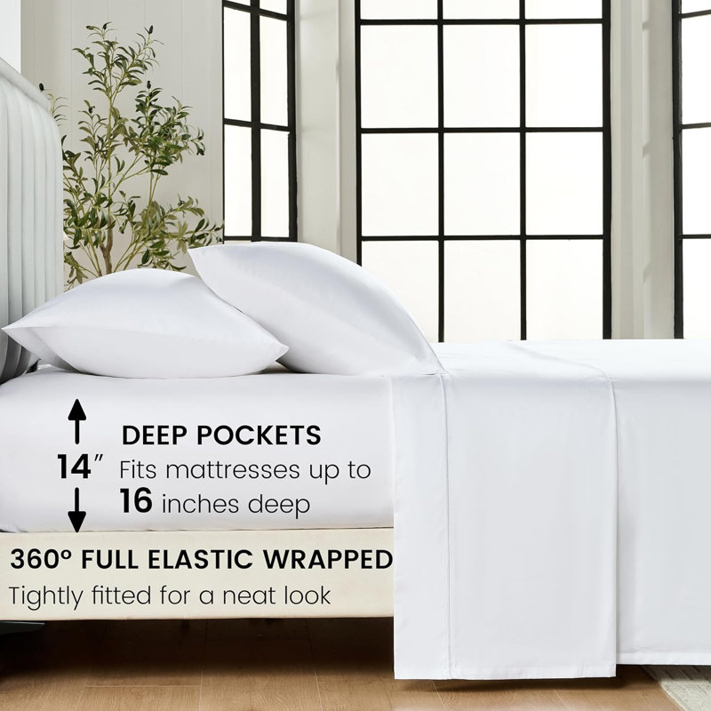 Ensemble de draps 100% coton 400 fils, Ensemble de draps pour grand lit avec 2 taies d'or, Blanc