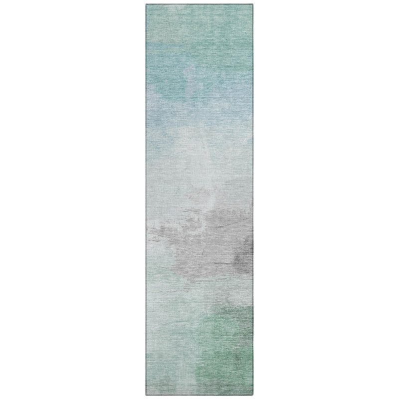 Machine Washable Seafoam and Gray Synthetic Runner Rug