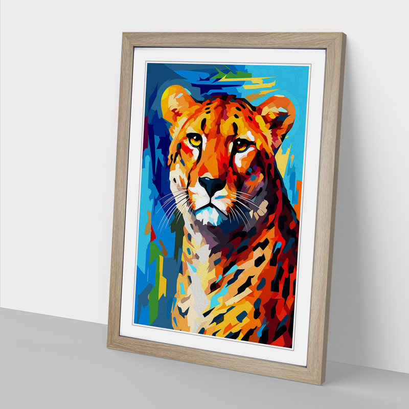 Cheetah Cubism - Single Picture Frame Print on Wood, 64cm H x 46cm W x 2cm D, Oak Framed