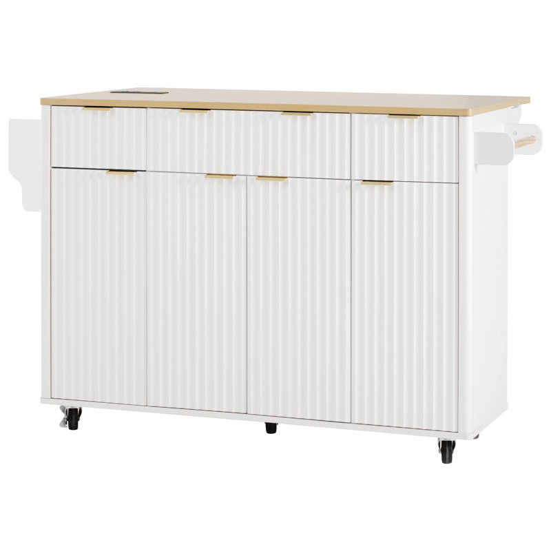 Fluted Kitchen Island With Storage, Drop Leaf, Power Outlet, White