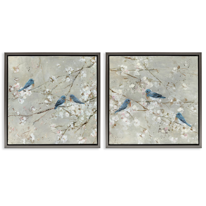Ensemble de 2 toiles flottantes Blue Birds, H 18 po x l 18 po, Cadre flottant gris lustré