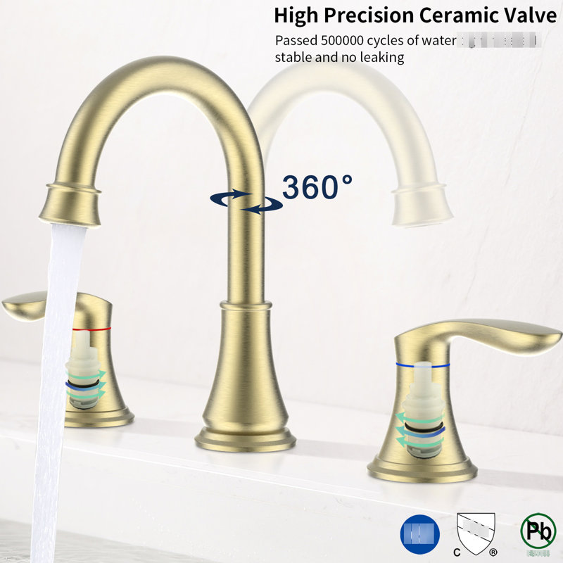 Brushed Gold 3 Hole Bathroom Faucet 8" Widespread - 2 Handle Ceramic Levers, 360 Rotatable Spout, To Stain Resistance