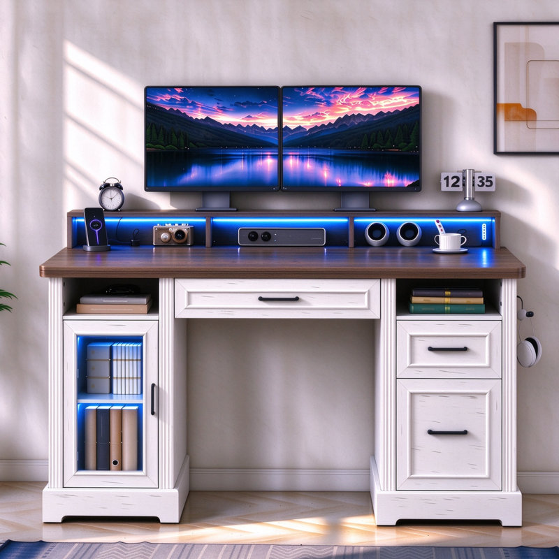 Bureau d'ordinateur de direction Buckhorn 58 po avec prise électrique, plateau pour clavier et tiroir à dossiers pour bureau à domicile