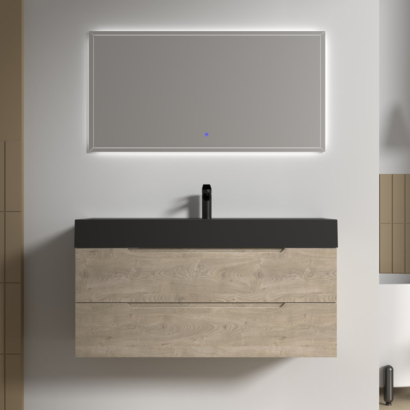 48" Single Bathroom Vanity Wall-mounted Floating vanities with Black Resin Stone Top,2 Drawers Modern for Small Bathroom, 48"