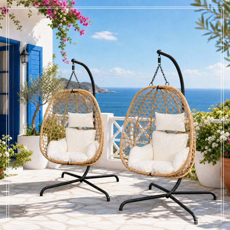 Ensemble de 2 fauteuils à œufs avec support, fauteuil suspendu en osier de patio, balancelle hamac, capacité de 350 lb pour la chambre à coucher, le balcon, le jardin et le beige