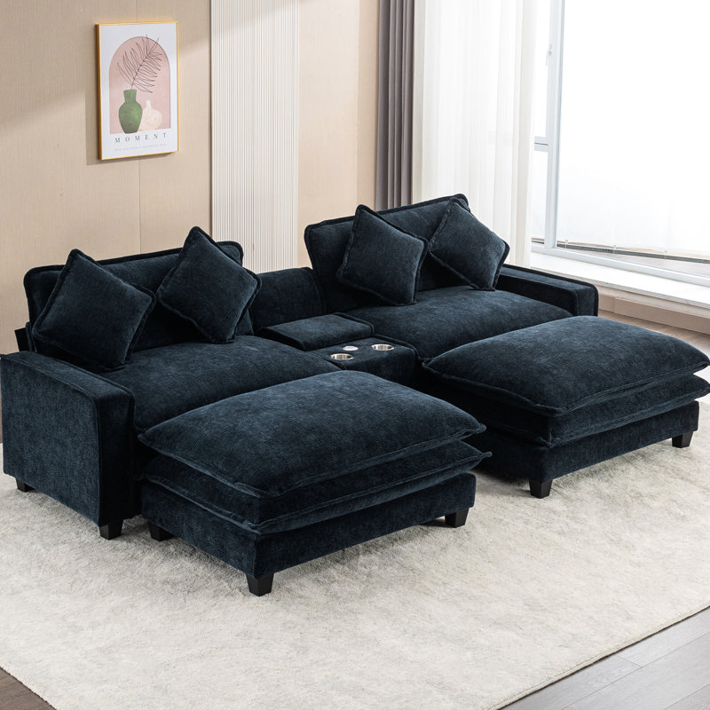 111" In Blue Chenille, Double Cushion, Charging, Cup Holders, And Large Hidden Storage American Style , With Ports, Removable Ottomans