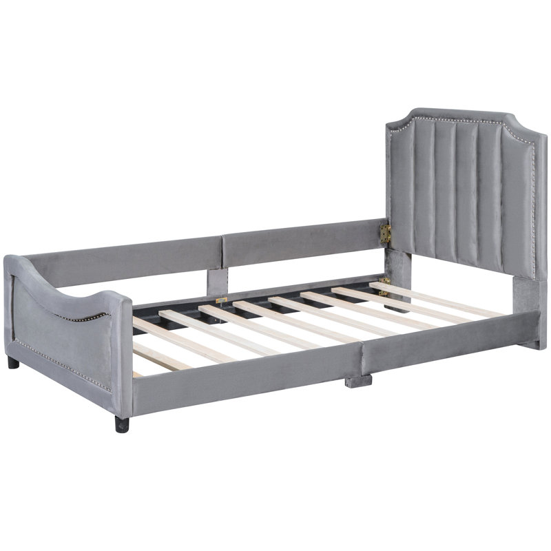 Gray Velvet Twin Daybed With Graceful Stripe Headboard - & Charming Size Stylish Wood Frame, Gray