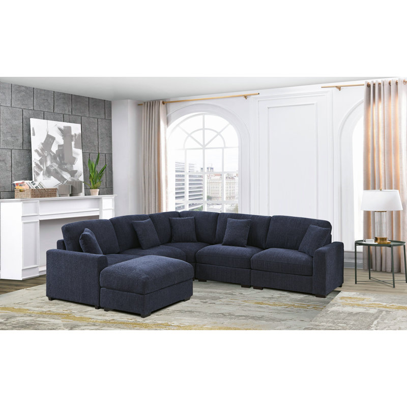 Canapé modulaire d'angle rembourré 6 places Angeliah, Mélange de polyester bleu foncé