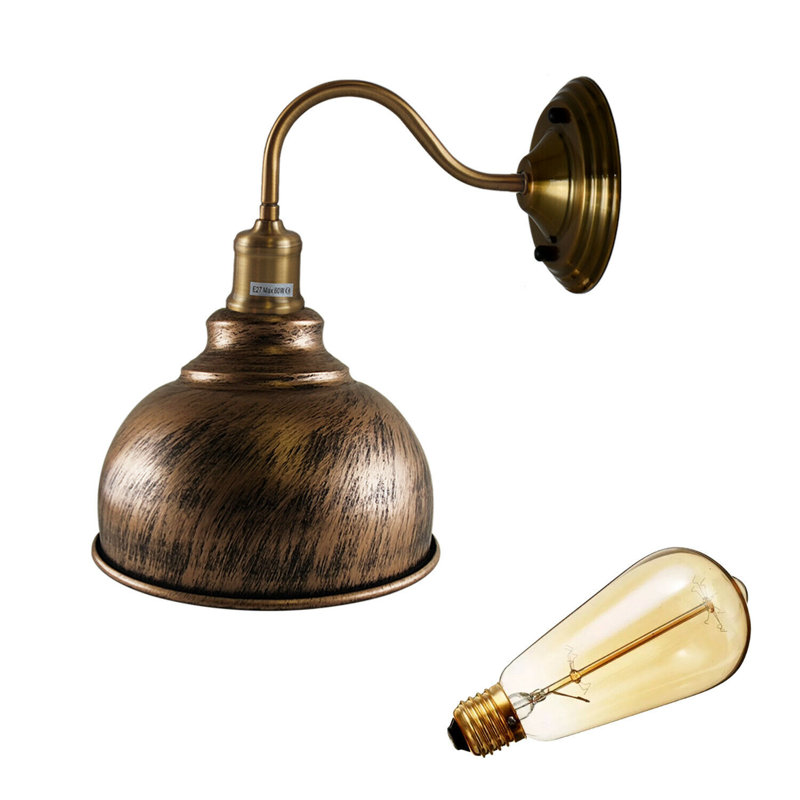 Springboro Vintage Industrial Armed Wall Sconce — Black Metal with Gold Inner Dome Shade, E27 Holder, Brushed Copper